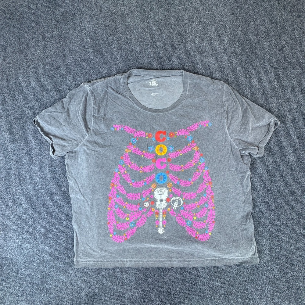 Disney Pixar Coco T-Shirt Womens 2XL Gray Guitar Ribcage Floral Graphic Pullover